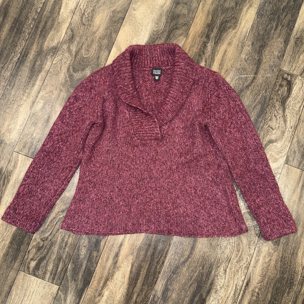Eileen Fisher Collared Merino Wool Blend Burgundy Sweater Women's Size L‎